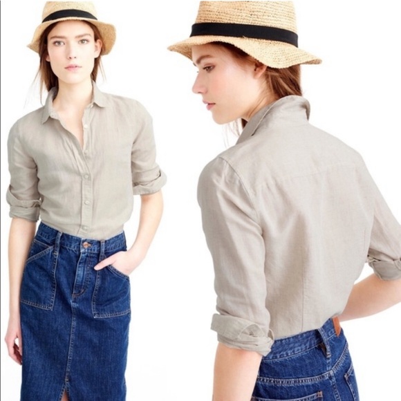 J. Crew Tops - Jcrew Perfect Shirt Crosshatch Linen Cotton Blend neutral beige color button up